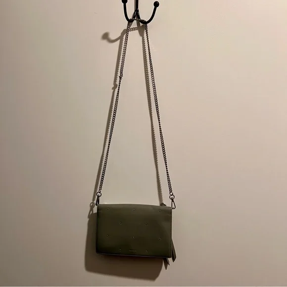 AllSaints Grey Leather Wallet on Chain Crossbody Bag Studded Minimal - Picture 3 of 6